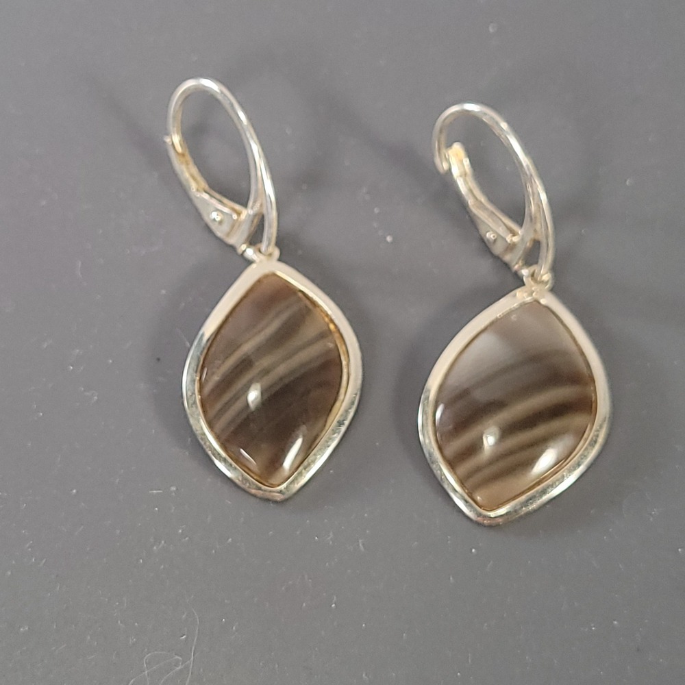 Sterling Silver Botswana Agate Earrings Banded Stone Marquise Leverback Drop 925